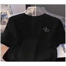 Modern Style T-Shirt, Short Sleeve T-Shirt With "Interlocking White Heart Outline" Print, Breathable Fabric, Ideal Gift For Friends, Perfect T-Shirt For Sports, Gym And Outdoor Activities. - 黑色 - 查看 1