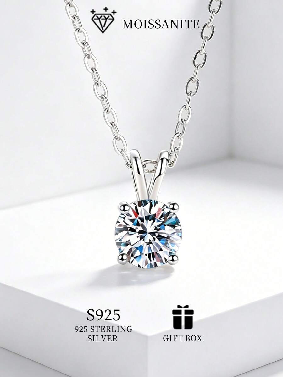 1件 S925 純銀 D色 1克拉 (6.5mm) 莫桑石吊墜項鍊,適合日常、婚禮、派對,女性經典時尚珠寶禮物,附證書 - 白金 - 查看 1