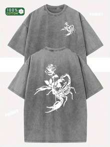 Camiseta de manga corta con cuello redondo, diseño de flor de escorpión estampado, estilo retro urbano, holgada, básica, estilo hip-hop, para hombre y mujer, para otoño y verano, con efecto lavado antiguo. - Gris - Ver 5