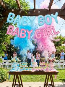 1 Set de decoraciones para baby shower que incluye pancarta de globos de papel de aluminio, corona floral de fondo, perfecta para fiesta infantil, anuncio de embarazo dulce y elegante, regalo para nuevos padres y madres embarazadas, decoración de pared metálica brillante en rosa y azul, decoraciones para celebración de recién nacido y revelación de género - Multicolor - Ver 2