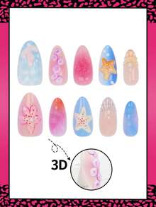 10片装3D中号杏仁形美甲贴纸，夏季3D花朵水滴贝壳纹理海星珍珠彩色渐变法式美甲贴花，全覆盖假指甲，适合女性和女孩日常佩戴 - 彩色 - View 3