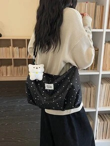 新款个性化星形印花单肩包,大容量时尚休闲日常通勤手提包,女士款 - 黑色 - 查看 7