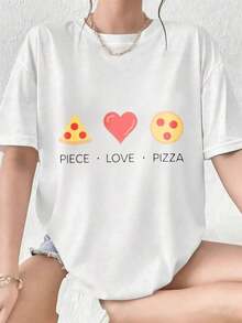 Camiseta con estampado divertido de cuello redondo y gráfico de pizza Love para mujer, informal, de gran tamaño, blanca, de verano, a la moda, bonita, ideal para regalos navideños.Comfortable, versatile short-sleeved top. - Blanco - Ver 1