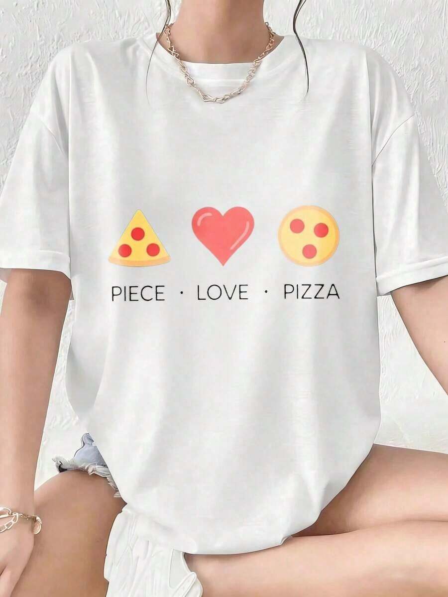 Camiseta con estampado divertido de cuello redondo y gráfico de pizza Love para mujer, informal, de gran tamaño, blanca, de verano, a la moda, bonita, ideal para regalos navideños.Comfortable, versatile short-sleeved top. - Blanco - Ver 1