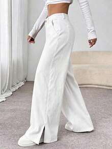 Unity Pantalones largos rectos y sueltos de mujer con abertura lateral, de tela de pana, para otoño/invierno - Blanco - Ver 5