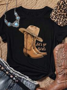 Women's Western Cowgirl Graphic T-Shirt - "Let's Go" Print And Hat, Casual Short Sleeve Crew Neck T-Shirt With Cowboy Hat Design, Summer Casual Wear, Cowboy T-Shirt, Spring Fashion, Durable Fabric, Printed T-Shirt, Y2k T-Shirt For Fashion Lovers - 黑色 - 查看 9