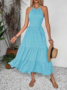 Women Texture Summer Dress With Solid Color, Back Strap, And Frill Hem, Perfect For Holiday Outfits Maxi Beach Beach Vacation - 藍色 - 查看 4