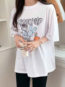 Women's Cartoon Graphic Print Short Sleeve T-Shirt, Plus Size Summer T-Shirt, Vintage Teacher Style, Unisex Street Style, Loose Fit Cotton Short Sleeve Round Neck T-Shirt, Women's Blouses, Women's T-Shirts, Casual Blouses For Ladies. - 白色 - 查看 9