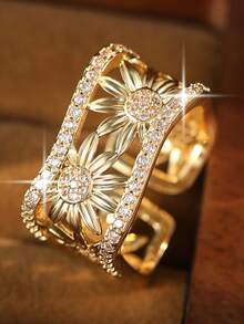 1pc Vintage Simple Flower Square Hollow Out Openable Rings With Cubic Zirconia, Sunflowe Wide Band Ring For Daily Wear,Gift Giving,Aesthetic Wedding - Yellow Gold - View 5