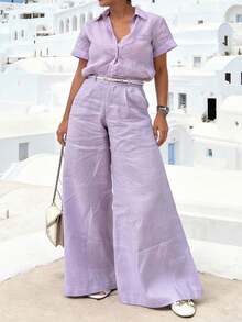 GLOURI Women's Lavender Collared Short-Sleeve Two-Piece Set - Button-Front & Wide-Leg Pants & Belt Detail | Elegant Relaxed Style For Coastal Vacations (Relaxed Silhouette & Waist-Defining Belt Detail) For Effortlessly Chic Looks - Purple - View 4
