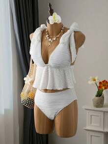 Mod Conjunto de traje de baño de 2 piezas para mujer con top corta de tirantes finos con estampado de cuadros y nudo delantero, y Bottom tipo bikini con cordón en la cintura, para verano - Blanco - Ver 4