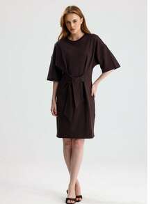 RoseArya Cotton Front Tie Detail Above Knee Dress - Coffee - View 4