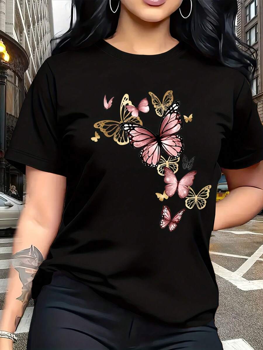 Soft, 100% Cotton T-Shirt With A Watercolor Butterfly Print. Stylish And Breathable, It's Perfect For Family Trips, Events, Casual Wear, Daily Commutes, And Matching Sister Outfits. This Versatile T-Shirt (Size 3744) Makes A Great Gift. Breathable Cotton, It Goes With Everything. - 黑色 - 查看 1