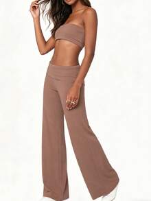 Women's Spring Summer Baggy Pants Foldover Waist Solid Color Loose Wide Leg Pants - Chocolate Color - View 3