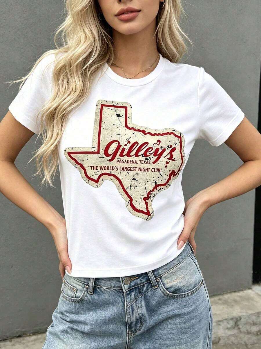 Camiseta de manga corta para mujer - Estilo vintage Gilleys Pasadena Texas con estampado gráfico - Ropa de verano - Camiseta oversize - Streetwear - Casual - Cuello redondo - Algodón - Moda - Conjuntos de verano para mujer - Camiseta holgada - Atuendo diario - Ropa de verano - Blanco - Ver 1