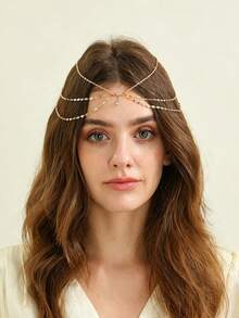 Accesorio de cabello para fiesta de graduación con estilo retro, cadena de cabello con colgante para la frente, cadena de cabeza con múltiples capas de strass y borlas - Multicolor - Ver 2