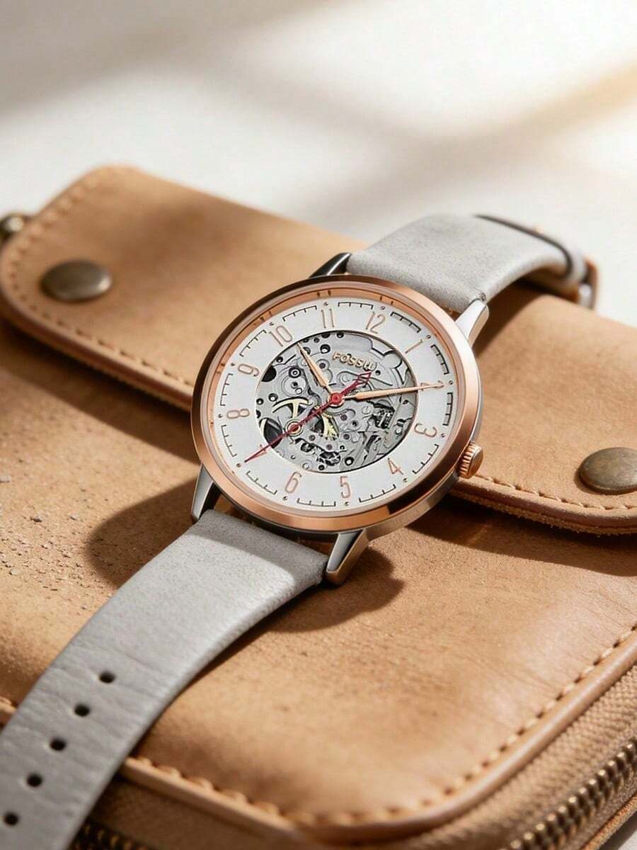 Fossil 男士复古缪斯自动机械镂空表盘腕表，不锈钢表盘，浅灰色皮革表带，时尚独特设计，坚固耐用，商务休闲皆宜，适合日常佩戴，生日礼物，周年纪念礼物 - 灰色 - 查看 1