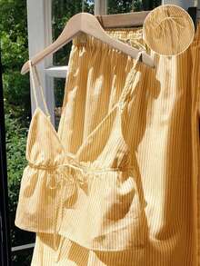 2 piezas Conjunto casual de vacaciones con rayas tejidas amarillas para mujer, /verano - Amarillo 2 - Ver 3