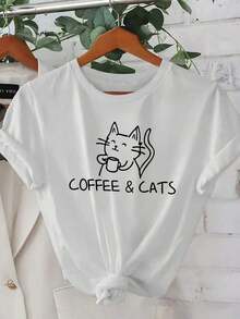 Nuevas llegadas para el verano. Camiseta casual para mujer con estampado "Coffee & Cats" - Manga corta, cuello redondo, gris claro, lavable a máquina, moda primavera/verano, perfecta para atuendos casuales o vacaciones, ropa de vacaciones. |   Camiseta con Diseño Divertido |   Blusa lavable a máquina, camisa > Hermosa. - Blanco - Ver 6