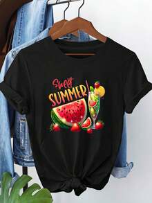 Camiseta de talla grande para mujer con estampado gráfico "weet UER", manga corta y cuello redondo, top casual para verano y primavera, ropa de mujerverano mujer/Mujeres antes del Año Nuevo/ropa de playa/ontre mujer premium/Camiseta tropical de Carol pequeña - Negro - Ver 8