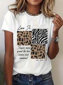 Women's Clothing Leopard And Zebra Graphic Print T-Shirt Women's Love Is Wild - Casual Short Sleeve Crew Neck T-Shirt With Inspirational Quote, Medium Stretch, Machine Washable, Summer And Spring T-Shirt, Leopard Print T-Shirt, Spring Fashion T-Shirt, Mixed Animal Print, Comfortable Fit Shirt, Women's Shirts - 白色 - 查看 1
