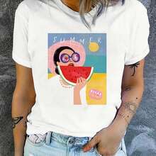 Camiseta de mujer, estilo mexicano de verano, camiseta blanca con estampado de sandía - Cómoda camiseta de manga corta con cuello redondo - Adecuada para vacaciones informales en la playa - Fácil de lavar, perfecta para el uso diario en verano. - Blanco - Ver 7