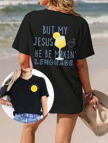 Women's Clothing Life Gave Me Lemons. Casual Printed Crew Neck Short Sleeve T-Shirt, Women's Summer Top. Women's Shirts - 黑色 - 查看 6