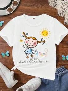 Nueva camiseta de manga corta 2026Spring And Summer Fashion Casual Cute Cartoon Little Girl Portrait Letter Pattern Print, Women's Round Neck Short-Sleeve-Shirt Top, Suitable Daily And Outdoor Wear, Cotton TAYZI TRDW,Camiseta con estampado de anime japonés, regalo de San Valentín, estampado estilo K, estampado de cantante masculino joven, camiseta gráfica para mujer,Camiseta de moda para hombre - Blanco - Ver 1