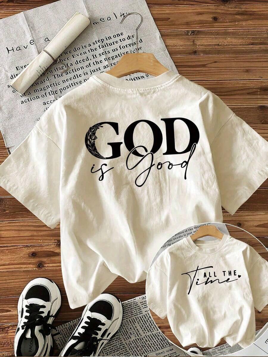 Blouses>Nice Short-Sleeved T-Shirt With Double-Sided "Easy Style" Print Featuring The Text "GOD Is Good" Expressing A Religious Sentiment. 100% Cotton. Casual Blouses For Women. - 杏 - 查看 1