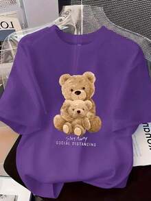 Women's Graphic Tee With Teddy Bear Print, Perfect For Casual Wear, Day Or Night, Spring Or Summer. Comfortable, Soft Material, Round Neck, Short Sleeves. - Purple - View 6