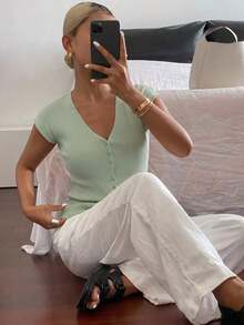 Cárdigan casual de verano para mujer, de unicolor, ajustado, de cuello en V, elástico y delgado - verde menta - Ver 3