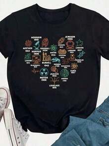 NewSummerCasual1 pieza Camiseta gráfica vintage para profesora de ciencias - Impresión de iconos científicos en forma de corazón, mezcla elástica de poliéster y spandex, ajuste regular, manga corta, cuello redondo, top casual para primavera, verano, otoño 180g 100% algodón-Vintage Street Style Unisex Loose Cotton Short Sleeve Crew Neck T-Shirt - Negro - Ver 1