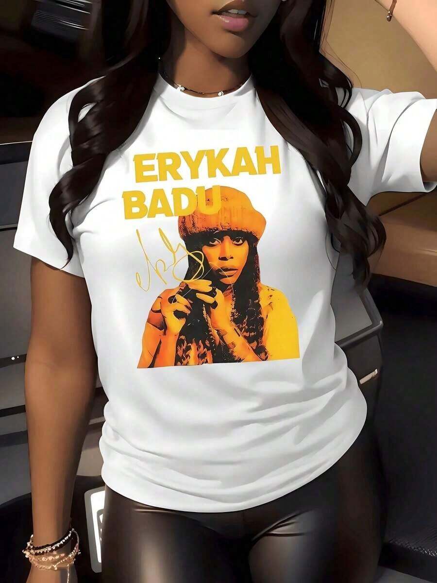 Women's Retro Portrait Graphic Print T-Shirt, Vintage Soul Style, Round Neck, 100% Cotton, Urban Style, Fashion Top2026 - 白色 - 查看 1