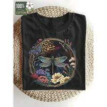 Women's 100% Cotton Retro T-Shirt With Dragonfly And Flower Print - Relaxed Fit, Round Neck, Short Sleeve, Breathable Casual T-Shirt For All Seasons, Machine Washable, Holiday Gift, Everyday Outfit - [] - 查看 1