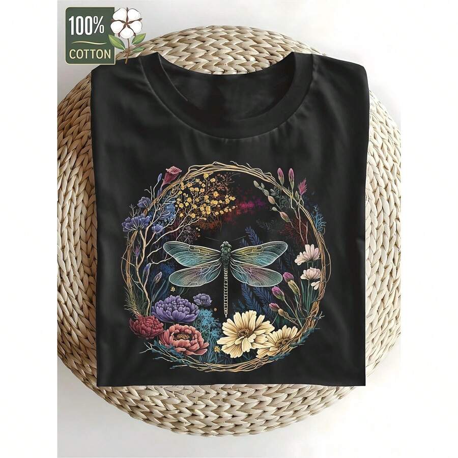 Women's 100% Cotton Retro T-Shirt With Dragonfly And Flower Print - Relaxed Fit, Round Neck, Short Sleeve, Breathable Casual T-Shirt For All Seasons, Machine Washable, Holiday Gift, Everyday Outfit - [] - 查看 1