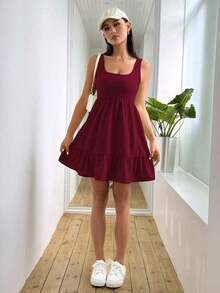 Vestido Sin Mangas De Mujer Con Cuello Cuadrado De Punto Acanalado Y Parches - Burdeos - Ver 3