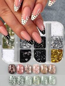 Bộ 2 hộp mini sequin trang trí nail chấm bi đen trắng & hoa nhỏ, kim tuyến nail chấm bi dễ thương phong cách Nhật, cánh hoa siêu mỏng Y2K, charm nail vàng bạc - Nhiều màu - Xem 12