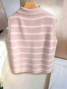 Camiseta de tirantes de punto con cuello y rayas elegante y casual para mujer - Rosa - Ver 2