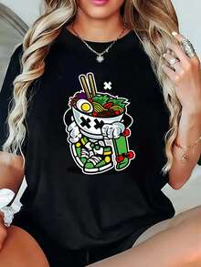 1 pieza Blusa de Mujer, Ropa de Mujer Bonita, Conjuntos de Mujer, Imagen de Patinador con Tazón de Ramen, Camiseta de Algodón Blanca y Negra de 180g, Estampado Creativo, Algodón de Alta Calidad, Cuello Redondo, Corte Holgado Básico, Unisex, Transpirable, Versátil, Lavable a Máquina, Cómoda, Tallas S ~ 2XL, Esencial para el Verano, Casual Diario, Y2k, Camiseta - Blanco - Ver 9