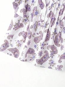 Blusa casual de mujer con estampado de cerezas, cuello plisado y mangas cortas de campana en silueta "H", para uso diario y vacaciones - Morado - Ver 6