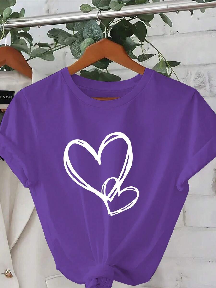 Plus Size - Plus Size - White Day, Exquisite Heart Design, Elegant Short Sleeve T-Shirt With Round Neck Print, Plus Size Women's Clothing, Women's Apparel - 紫色 - 查看 1