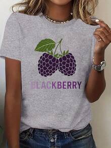 Plus Size, Women's Oversized T-Shirt With Blackberry Fruit Print - Casual Round Neck Blouse Suitable For Autumn/Winter, Machine Washable, Ideal For Casual And Berry Themed Outfits. - 灰色 - 查看 6