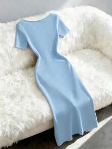 Vestido de manga corta con botones delanteros y ribete de punto, estilo elegante francés para mujer - Azul - Ver 2
