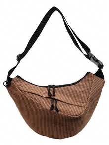 1pc Multi-Color Plaid Design Durable Canvas Material Layered Storage Zipper Closure Casual Shoulder Bag, Versatile Dumpling Shape - Khaki - View 11