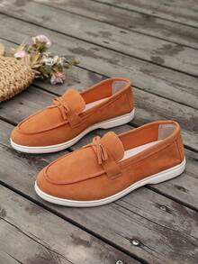 2026 Frühling/Herbst Neue Koreanischer Stil Casual Veloursleder Flache Schuhe für Damen, Rundspitze Slip-On mit Schleifen Dekor, Weiche Sohle Bequeme Loafer, Vielseitig für Alltag und Pendeln - Orange - Übersicht 6