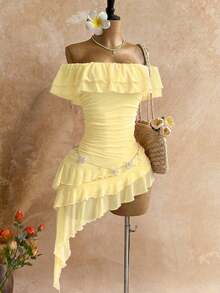 Spring & Summer Vacation Knit Mesh Strapless Fitted Multilayer Ruffle Asymmetric Hem Dress, Suitable For Garden Party, Tea Party, Flower Arranging, Date, Bohemian, Boho, Vacation,Summer Dresses For Women - Multicolor - View 9