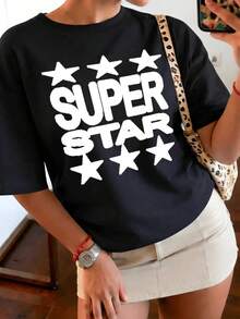 1 pieza Camiseta de manga corta con estampado de letras Super Star Y2K, 100% algodón, transpirable, cuello redondo, 180g, 100% algodón. - Negro - Ver 1