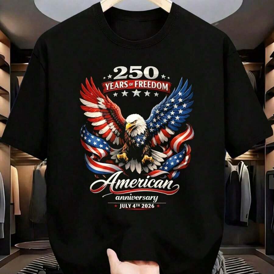 "250 Years Of American Freedom" T-Shirt | 250th Anniversary Commemorative T-Shirt, Comfortable Crew Neck Casual Fit Urban Clothing T-Shirt, Multiple Sizes, Perfect For Adult Men, All Seasons Wear, Short Sleeve, Slightly Stretchy Fabric, Plus Sizes - 黑色 - 查看 1