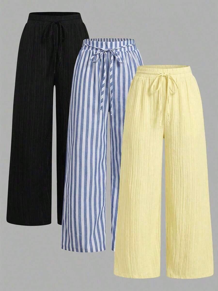 Set de 3 pantalones rectos sueltos de cintura alta con cordón y bolsillos, de unicolor y versátiles, adecuados para primavera/verano - Multicolor 5 - Ver 1