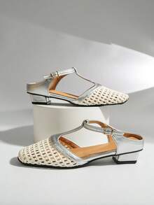 Classic Vintage Solid Color Buckle PU Leather Shoes, Suitable For Beach, Wedding, Party, Office, Indoor & Outdoor, Spring/Summer - Silver - View 3